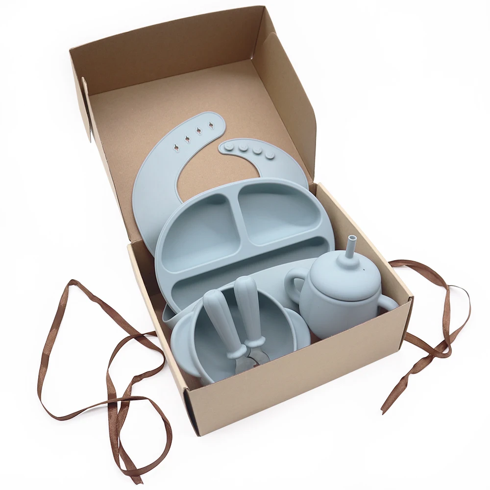 Factory Custom Waterproof Bib Bowl Baby Feeding Food Trays Led Weaning Baby Tableware Dinner Set Silicone Plates For Toddlers