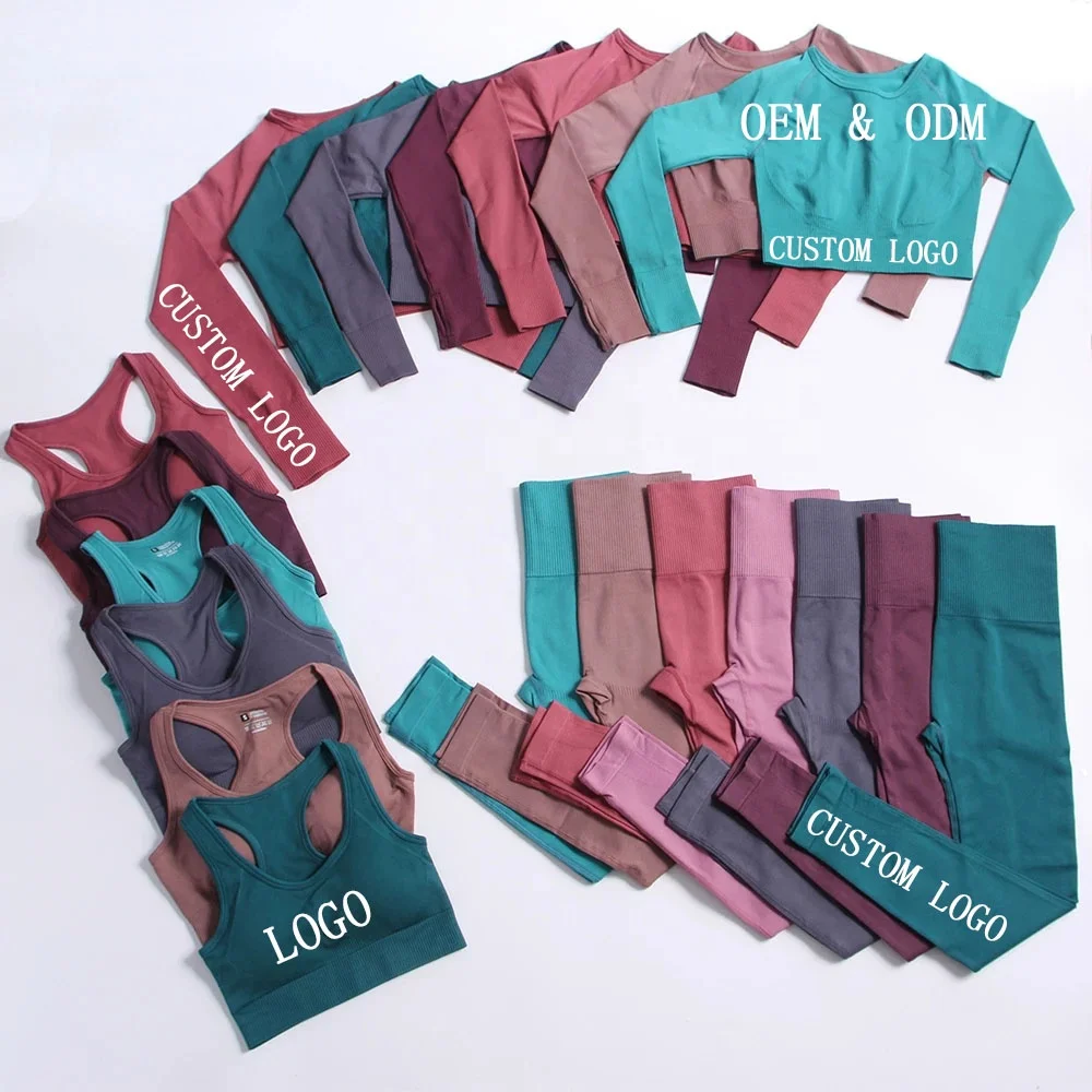 Wholesale Custom Womens Exercise Workout Sports Apparel  3 Piece Seamless Yoga Set and Gym Leggings for Women Sets