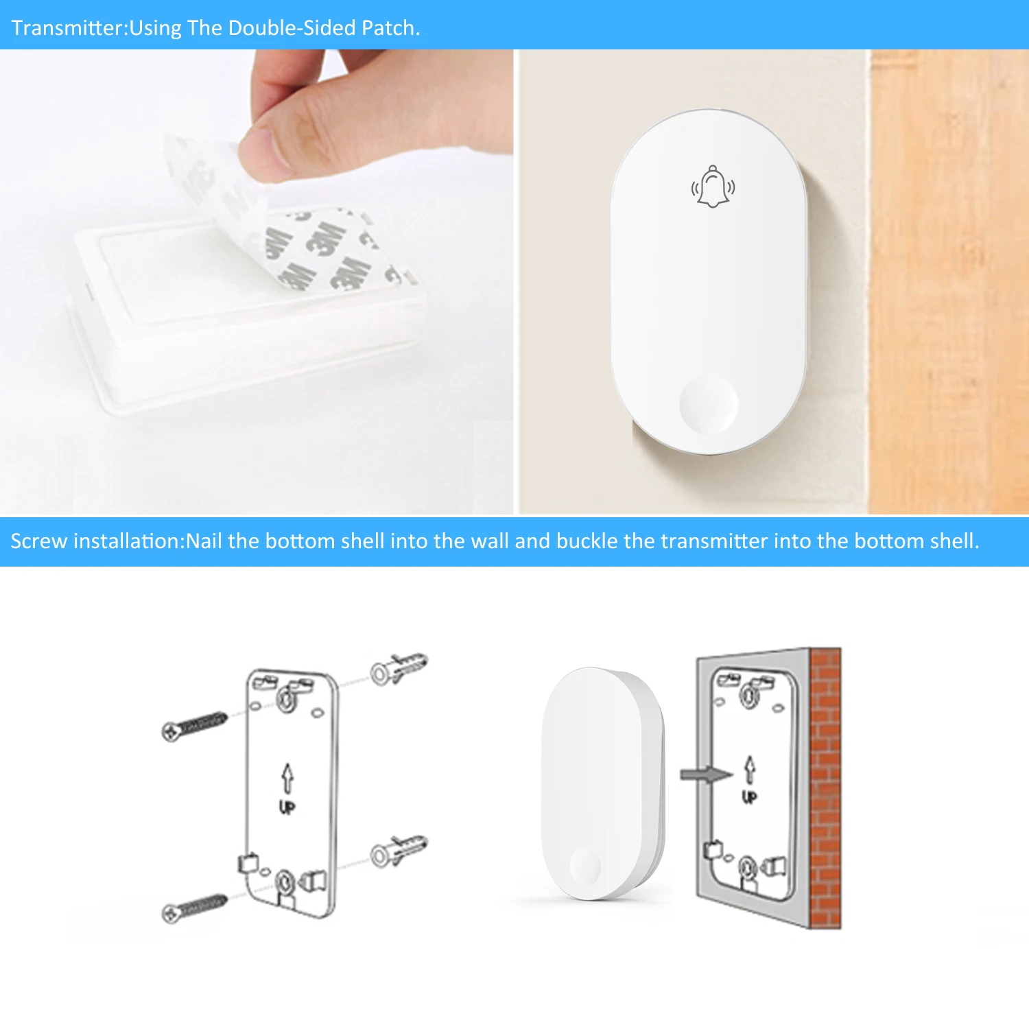 No Battery Required 1 transmitter  2 receiver Wireless Doorbell Door Chime  Waterproof Self-powered Wireless Doorbell
