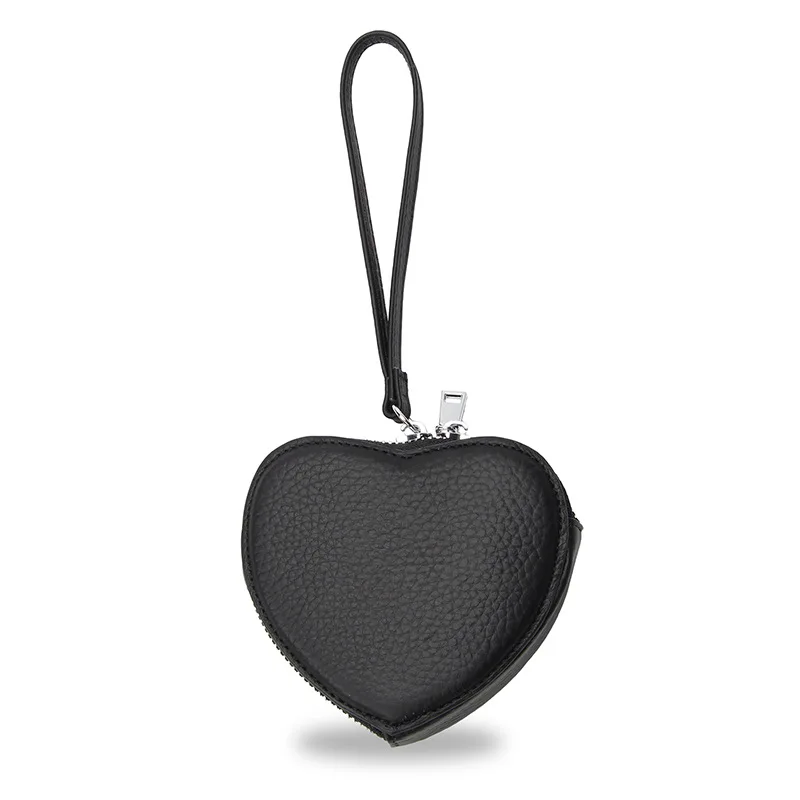 Genuine Leather Coin Purse for Women New Heart Design Zippered Coin Purse Lipstick Earphone Storage Bags with Wrist Strap