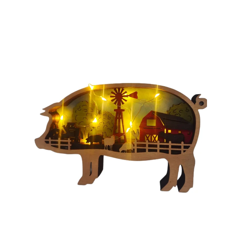 3D Wooden Animals Craft Ornament with Light Home Decore farm Wooden Carving Animal crafts wooden pig