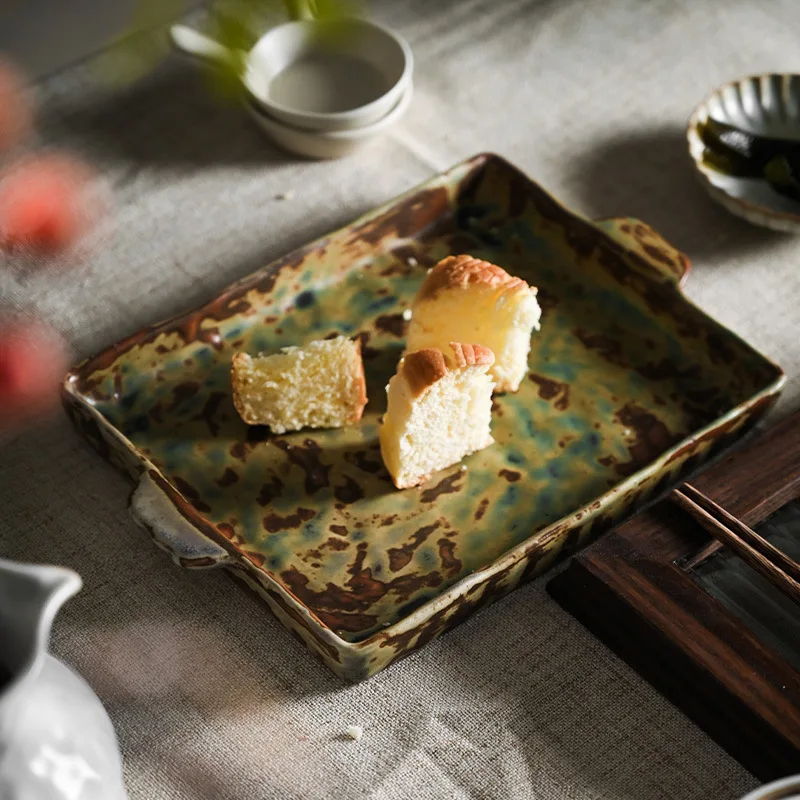 Square green and white ceramic plates handmade glazed dinnerware handle including