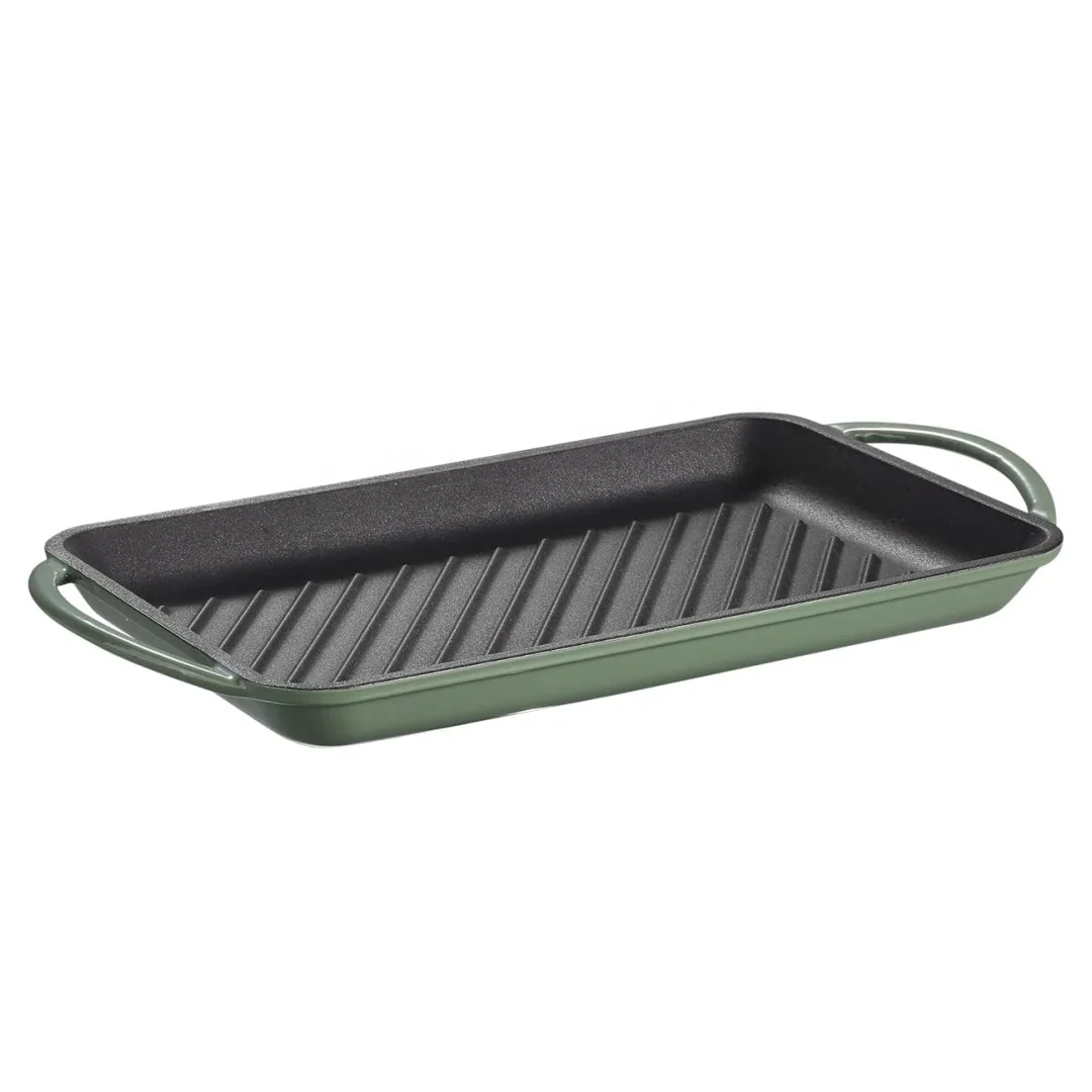 kitchen non stick rectangle enameled cast iron rectangular stove top bbq griddle plate grill pan with two handles