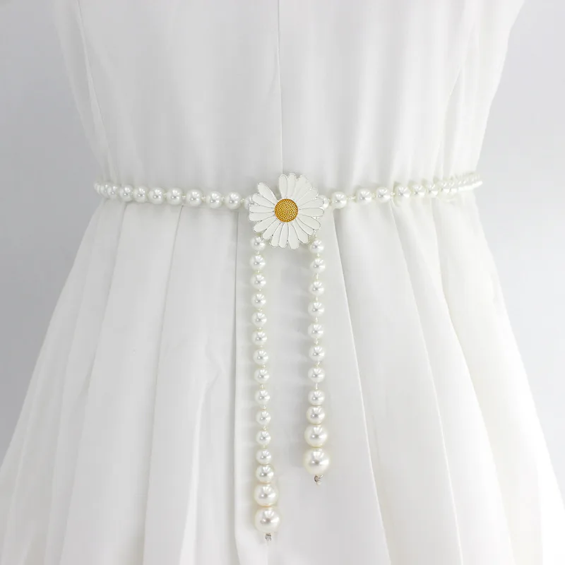 White Butterfly Pearl Waist Chain Belt For Women In Summer Elastic Skirt Decoration Thin Belt Accessories For Women
