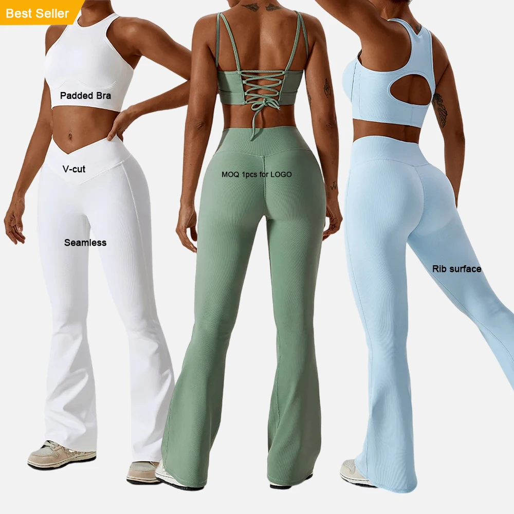 V Cut Wide Leg White Ribbed Workout Scrunch Custom Gym Wear High Waisted Butt Lifting Sports Yoga Pants Flare Leggings For Women