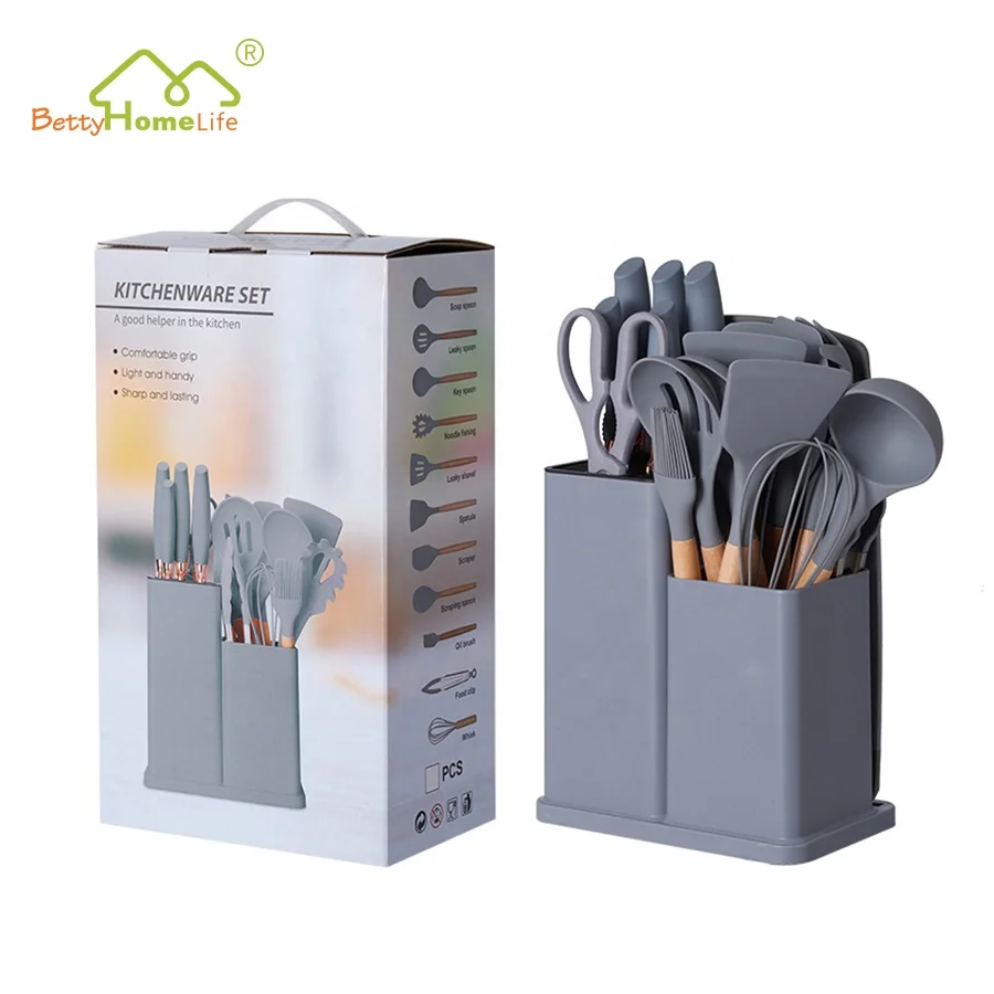 Newest 19-piece Wooden Handle Silicone Utensils  Set with Storage Bucket and Cutting Board Kitchen Gadgets