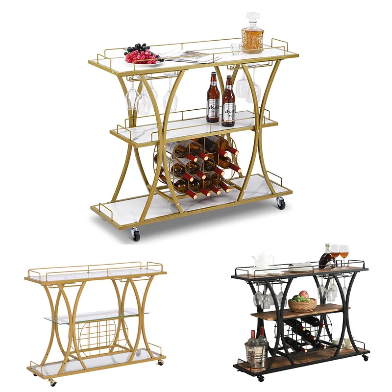 Serving Cart with Glass Holder and Wine Rack, 3-Tier Kitchen Trolley with Tempered Glass Shelves and Gold-Finished Metal Frame