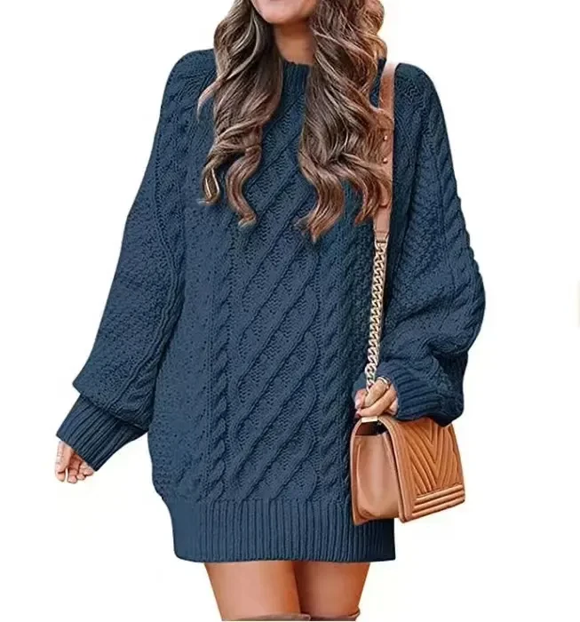 Cable Knitted Sweater Dress Casual Solid Color Long Sleeve Ladies Dress