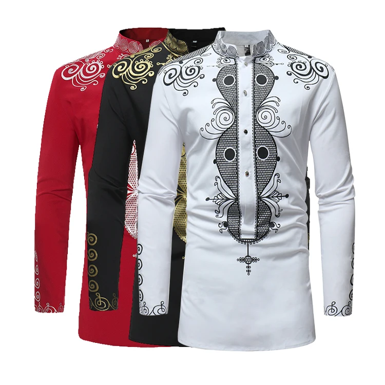 Printed Stand Collar Pullover Tribal Ethnic Camisa Thobe Thawb Cotton Long Sleeve Plus Size African Clothing Dashiki Shirt