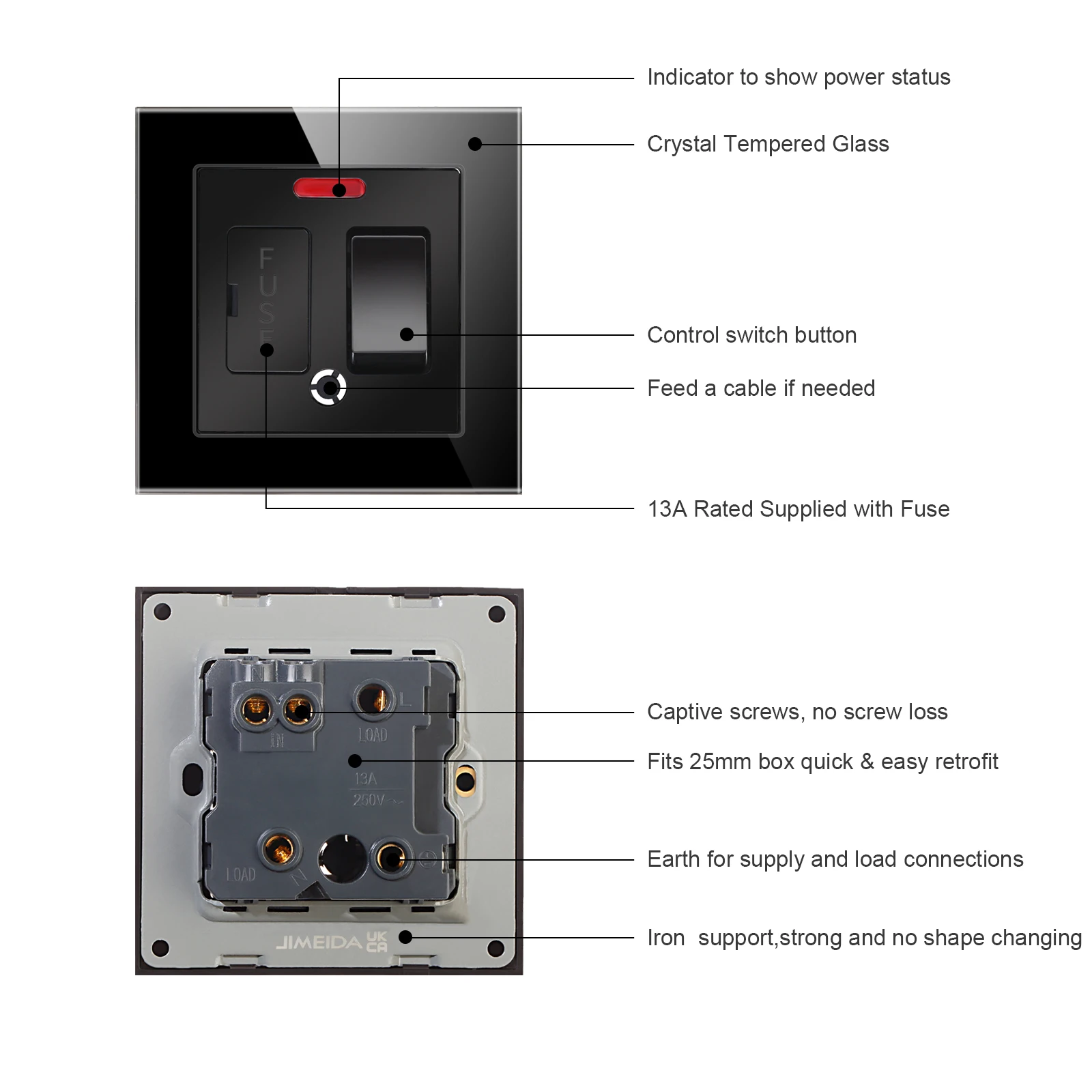 Bingoelec Modern Standard  European Tempered Glass Wall Socket Electric Fuse Switches