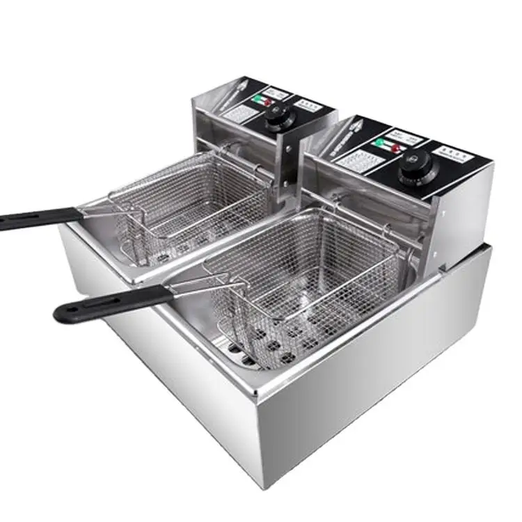 Countertop 6L+6L Stainless Steel French oil Fries Machine 2 Tank 2 Basket Commercial Potato Chip Fryer Electrical Deep Fryer0