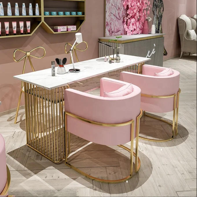 Fashion style cheap nail table gold frame nail salon furniture wholesale