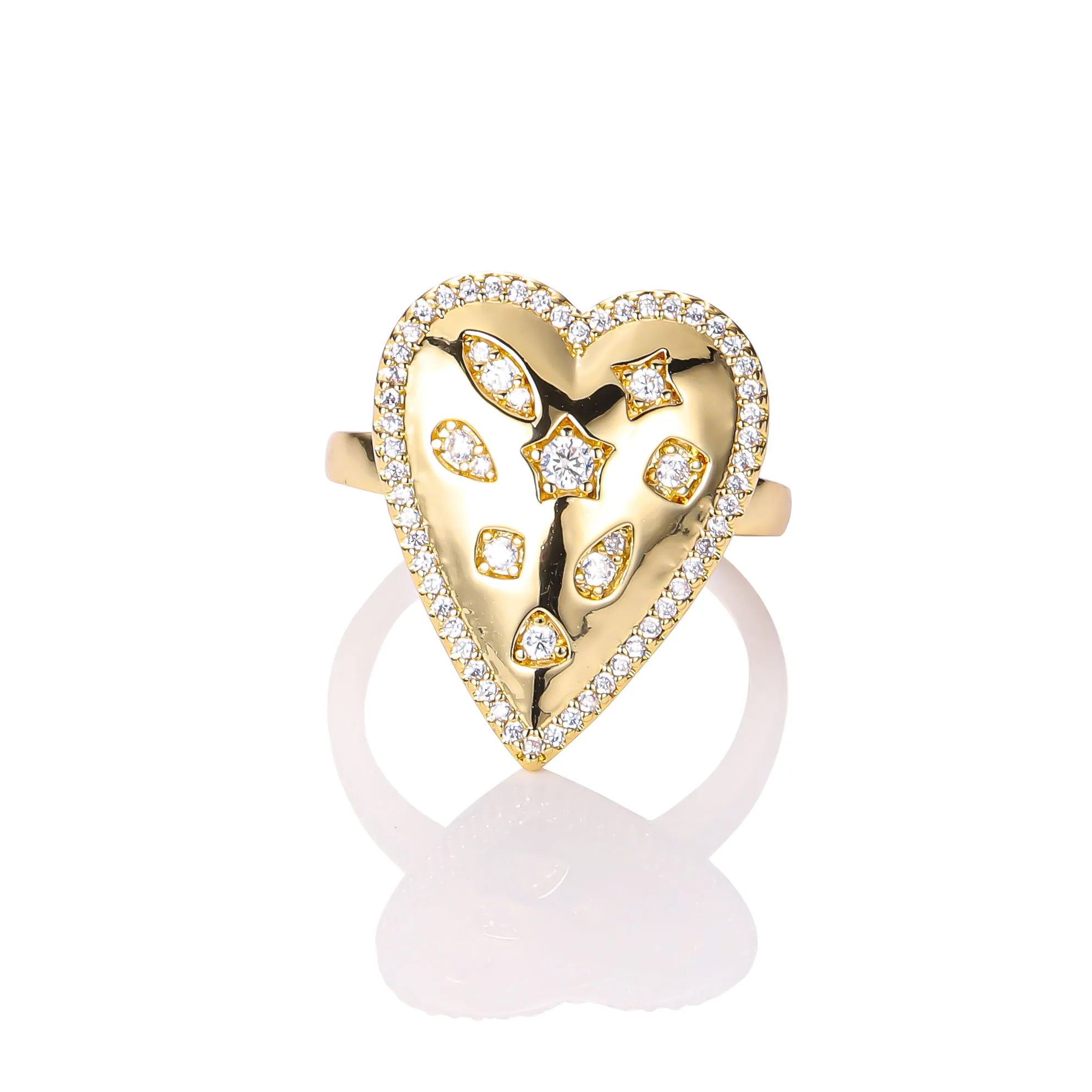 CM 14k Gold Jewelry Wholesale Arious New Styles 14k Gold Plated Zircon Rings Heart-shaped love Full Diamond Fashion Ring Woman