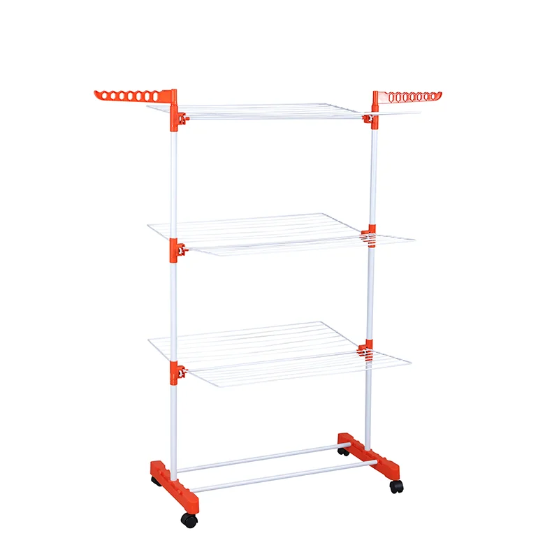 Wheels Steel Laundry Foldable 3 Tiers Metal Tower Home Hanger Standing Airer Clothes Drying Rack