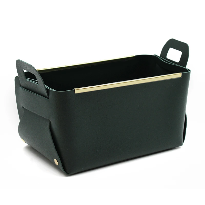 Wholesale New Design PU Leather Home Organizer Foldable Desktop Basket Cosmetics Bag with Handle Decoration