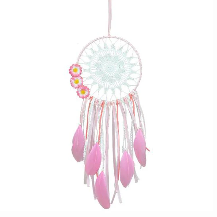 Factory Pink Single Ring Feather Dream Catcher With Flower Romantic Gift Wedding Decoration Interior Pendant Hanging Car Decor