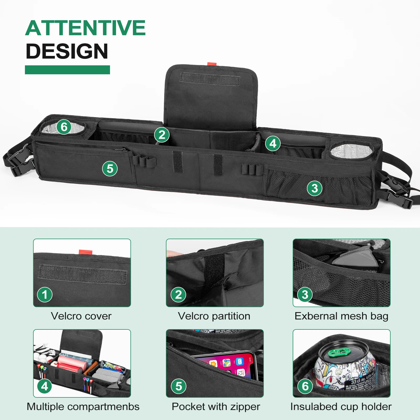Latest Design Fordable Golf Car Trunk Storage Organizer Nylon Golf Cart Front Storage Basket With Insulated Cup Holders