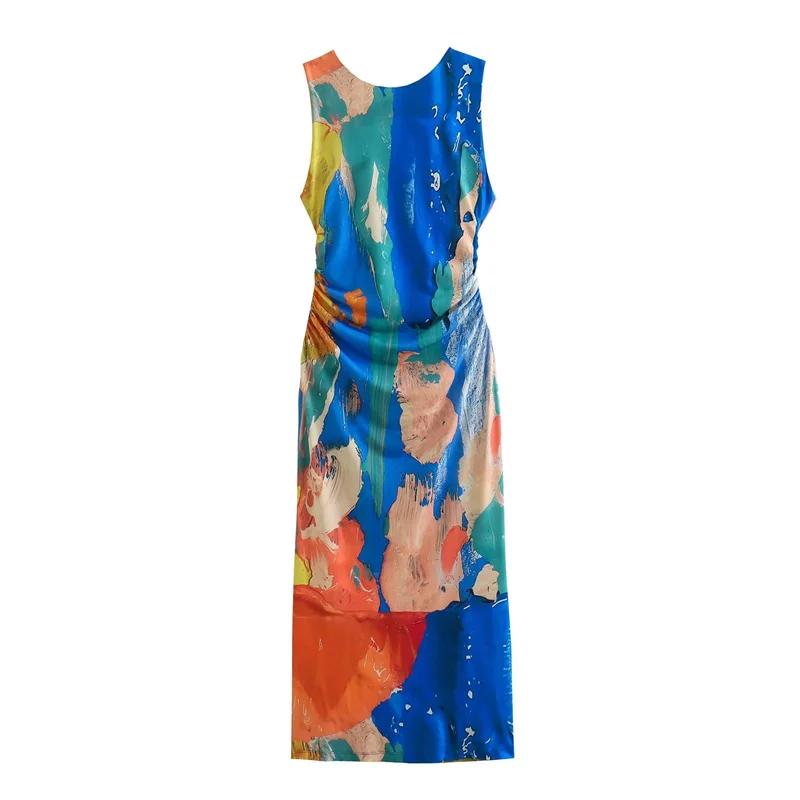 TAOP&ZA 2023 Summer New Round Neck Sleeveless Straight Long Tank Top Dress Backless Tie-Dye Printed Dress 1165677
