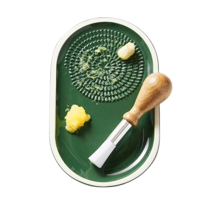 Oval Kitchenware Green Custom Ceramic Garlic Plate Porcelain Garlic Grater for Home Kitchen