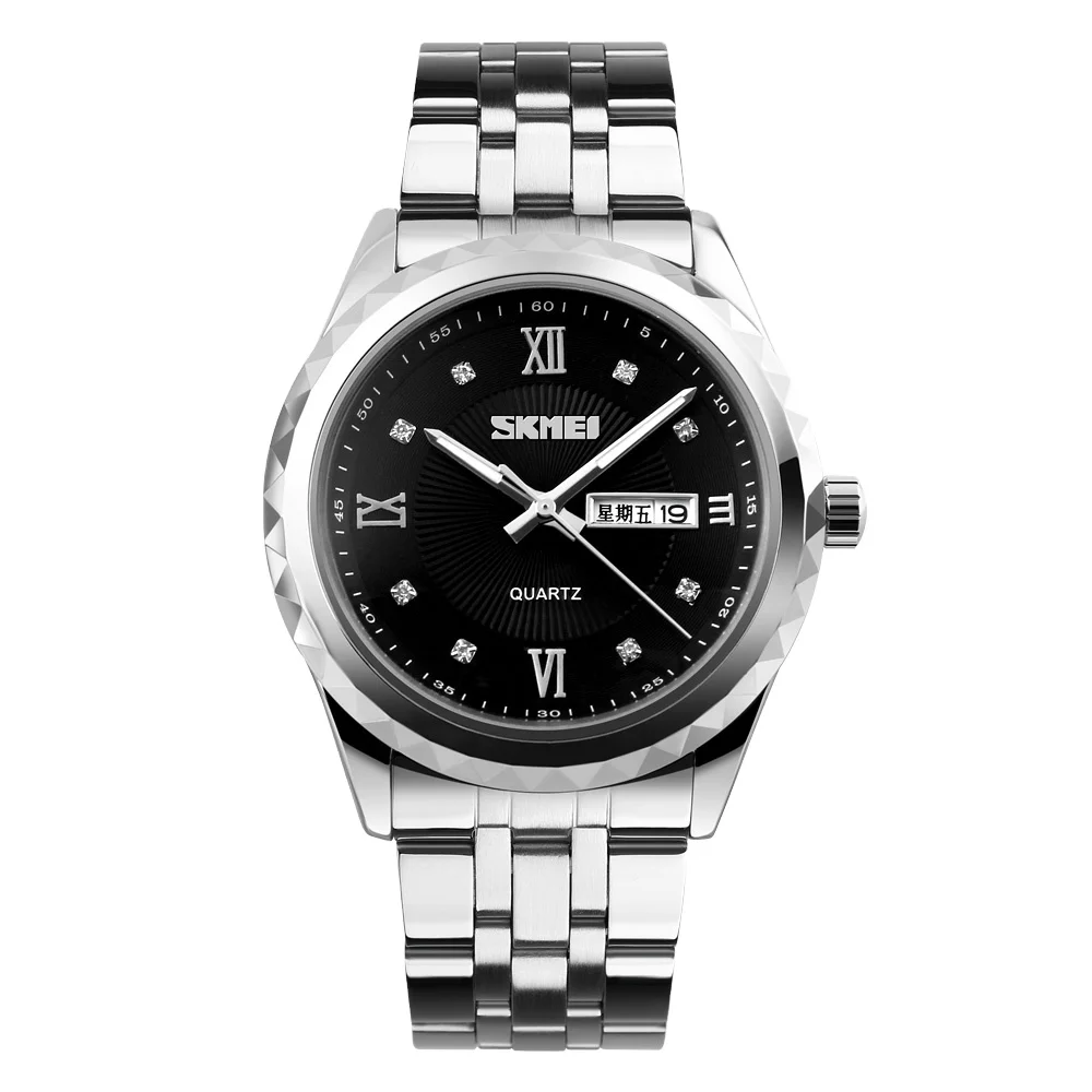 Skmei 9100 Brand Luxury Men Wrist Watches Business Date Week Clock Quartz Waterproof Elegant Diamond Stainless Steel Hand Watch