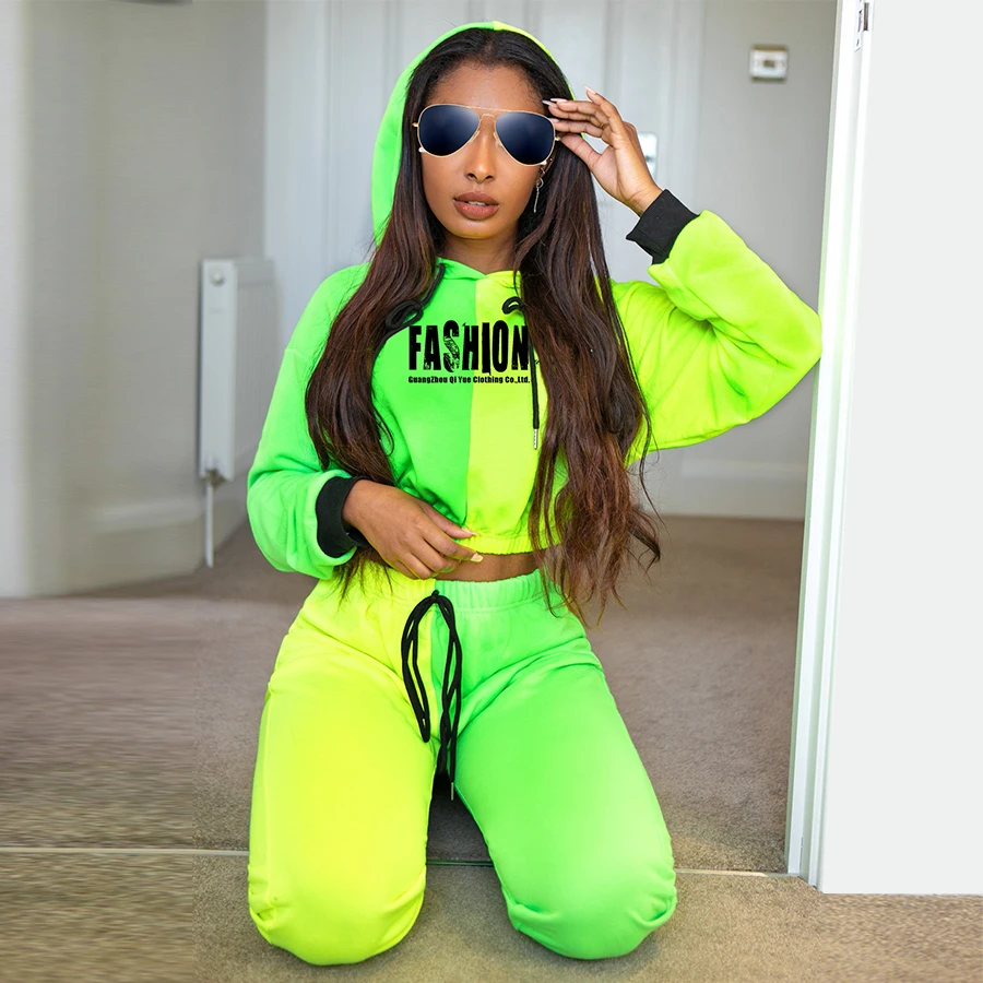 Neon Spliced Letter Graphic Drawstring Hooded Top & Joggers Set