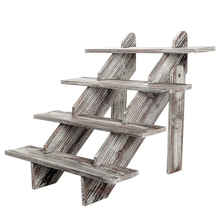 Cascading 4-tier rustic torched retail wooden cake stand and display risers