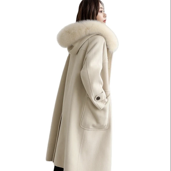 Factory Manufacture Wholesale High Quality wool women coat with hood Luxury women winter wear fox fur collar wool coats