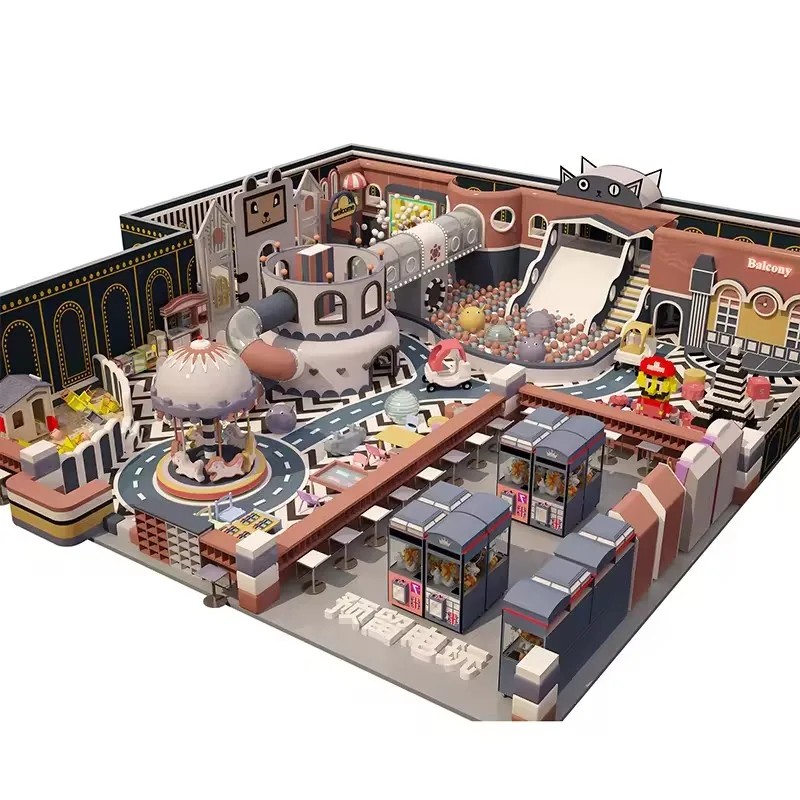 Build a large and fully decorated indoor playground game center for children and adults in the mall