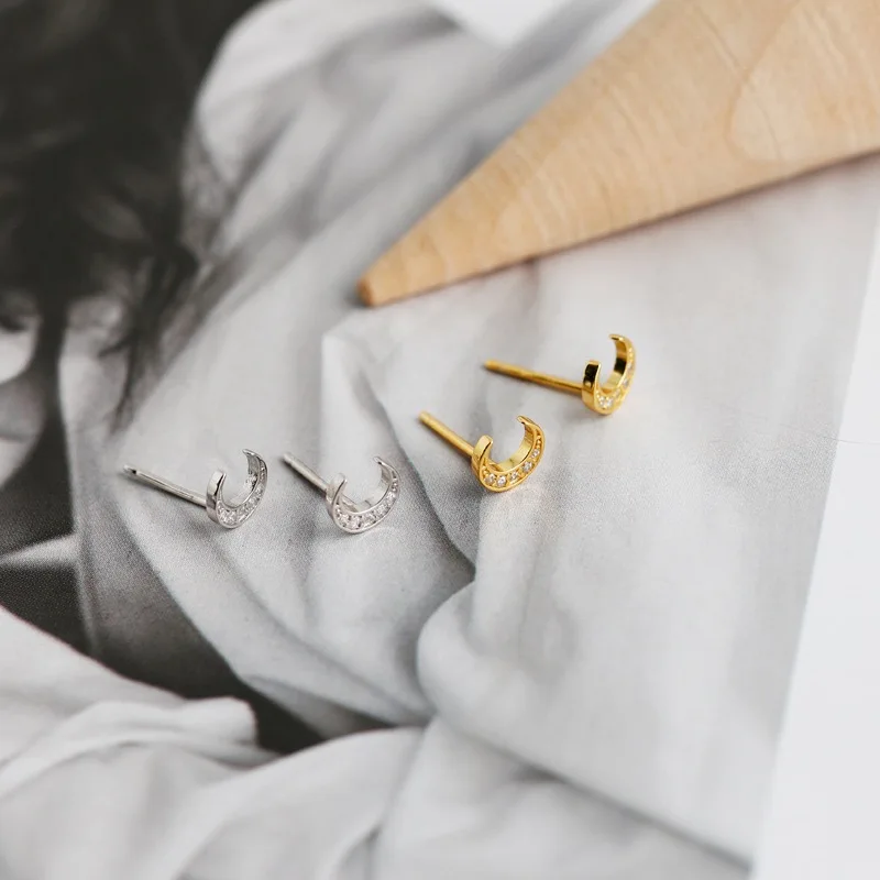 fashion 925 Sterling Silver Moon Earrings with White Zirconia Gold Plated Moon Shape Stud Earrings For Women Screw Back Earring
