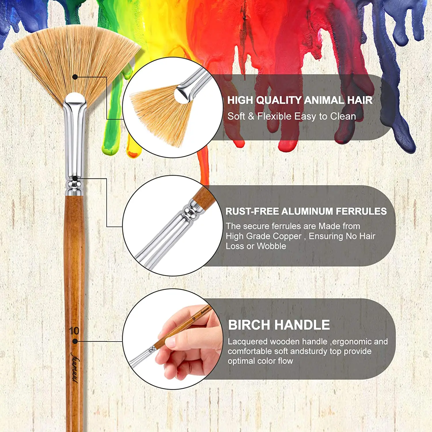 Fuumuui Fan Brush Set - Stiff Hog Bristles Natural Hair Profession Artist Oil Painting Brushes of 6pcs