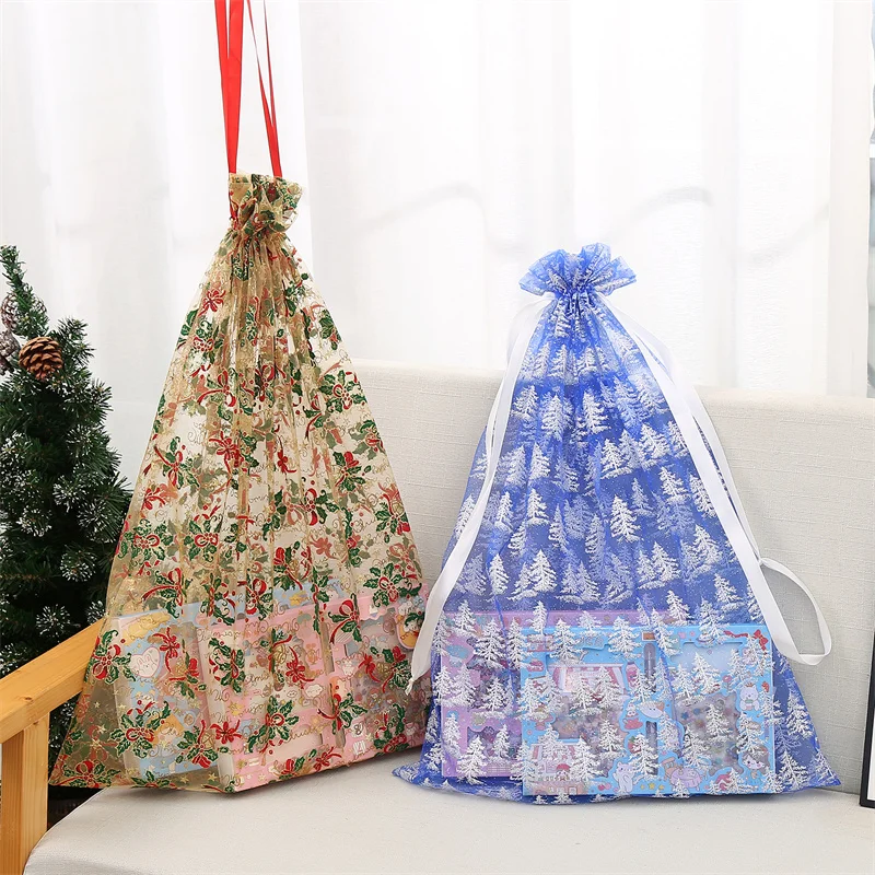 New Arrival Christmas Organza Present Bag Xmas Tree Snowman Jewelry Pouch Eco-Friendly Candy Toy Organza Bag For Kids Gift