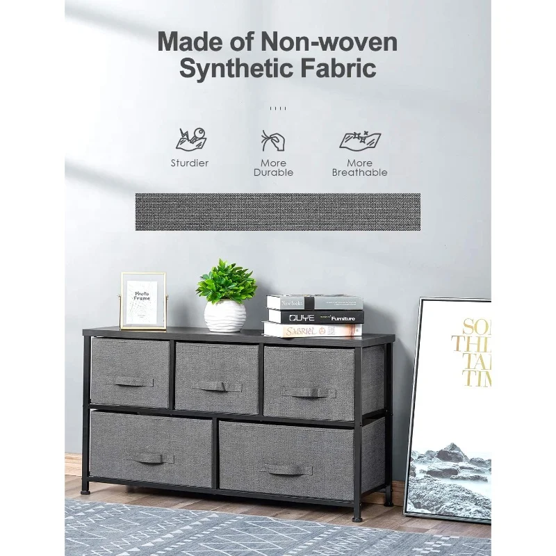 5-Drawers Dresser Organizer Storage Chest with Fabric Drawer Bedside Bedroom Vertical Nightstand