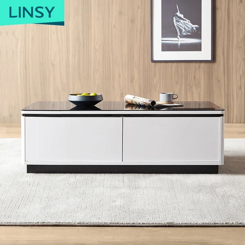 Linsy Simple Design Tv Cabenits Storage Drawers Tempered Glass Sideboards Tea Tale White Tv Stand And Coffee Table Set BI1M