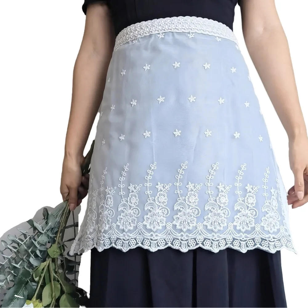 Custom Home Garden Kitchen Cooking Cotton Polyester White Lace Waist Aprons with Pockets for Women