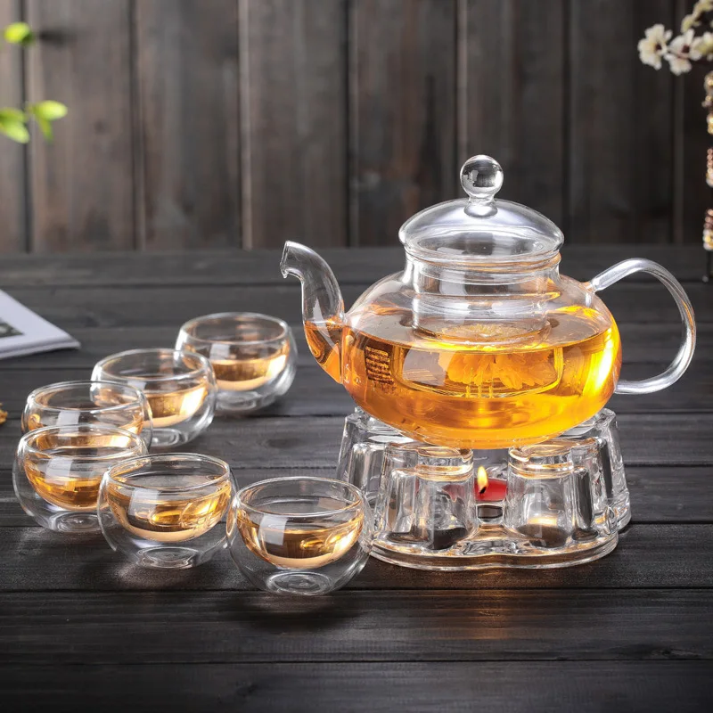600ml glass flower tea set tea pot with glass filter cups warmer heating base and tray