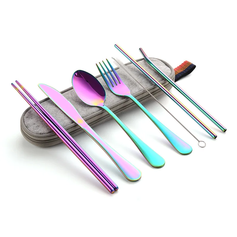 Colorful Flatware Portable Eco-friendly,Knife Fork and Spoon Straw Stainless Steel Travel camping Cutlery set