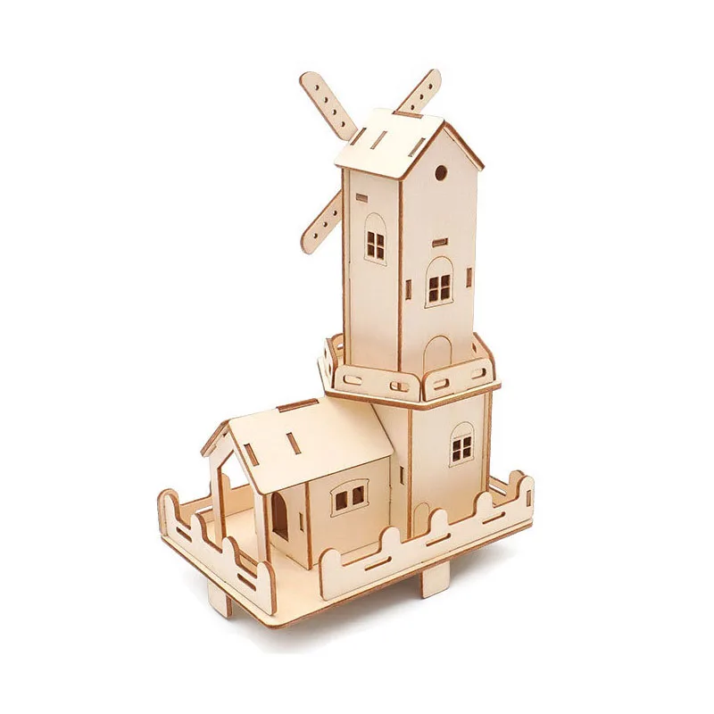 High Quality Glowing Dutch Windmill House 3D Wooden Puzzle Set Diy Wood Science Toys for Children Game.