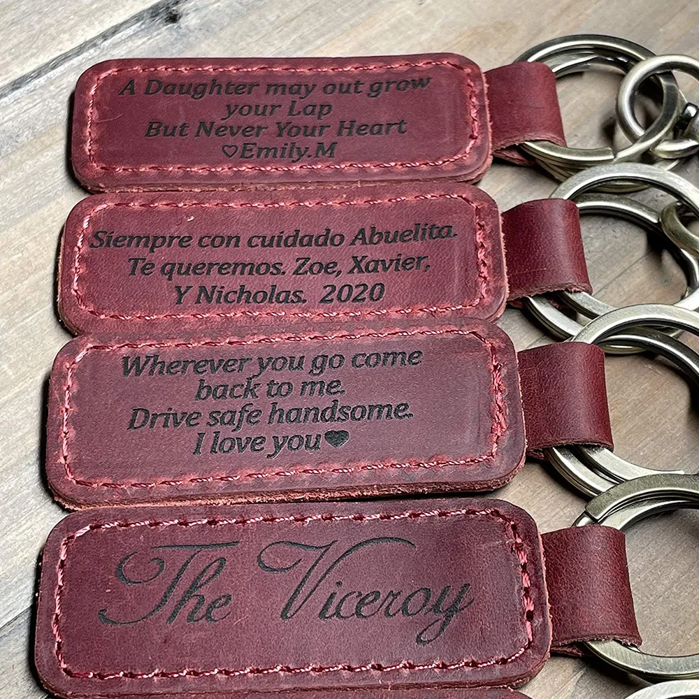 Personalized Custom Engrave Logo Luxury Cowhide Crazy Horse Blank Leather Frame Holder Keychain with Gold Ring Christmas Gift
