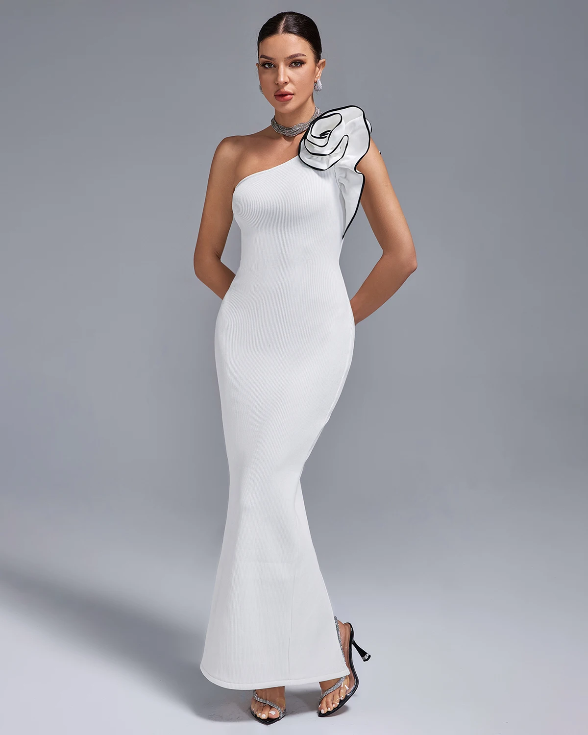 Ocstrade High Quality Frocks White Evening Dresses One Shoulder Flower Sleeveless Ladies Evening Bodycon Bandage Dresses