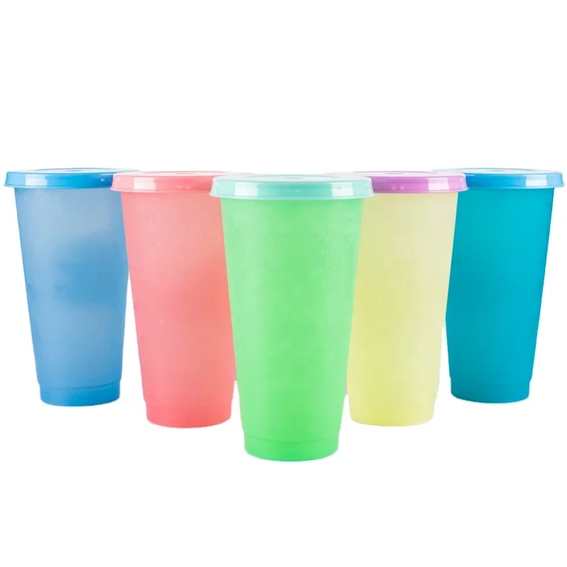 24oz PP Magic Large Hard Plastic Juice Cup With Lids and straw BPA Free Iced Coffee Cold Water Color Changing Reusable Cups