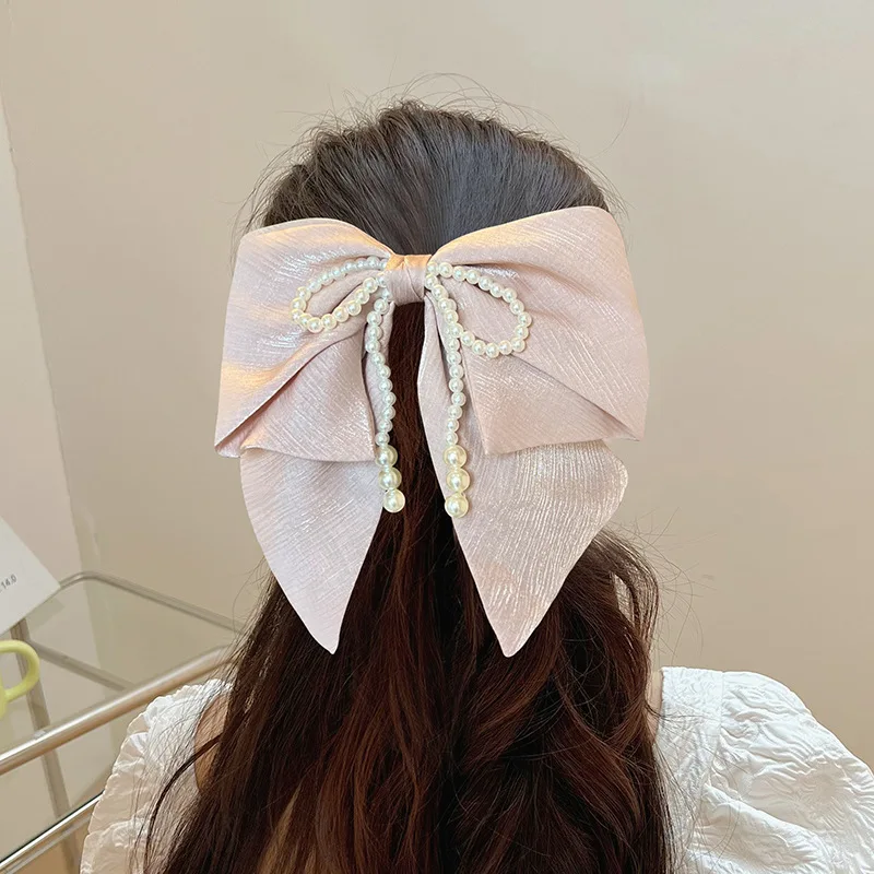 CLARMER Korean fashion simple style Bright silk fabric pearl women hair accessory handmade custom fabric cover bow hair clip