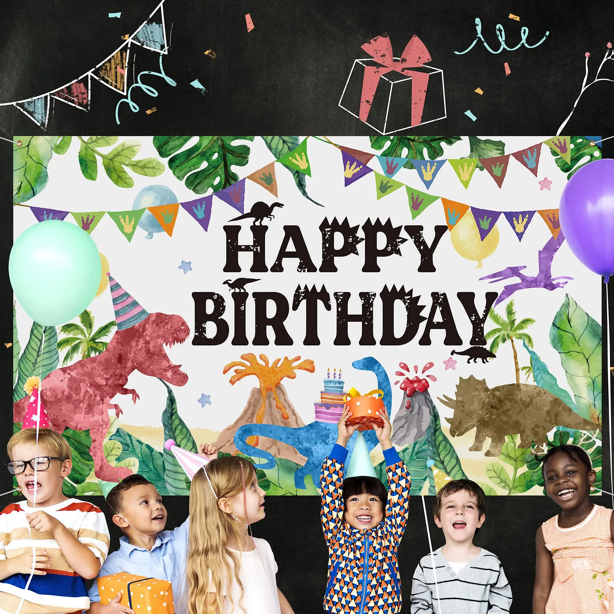 
Watercolor Dinosaur Backdrop Jungle Theme Happy Birthday Photography Background for Boy Girl Kid Adult Indoor Outdoor Decoration 