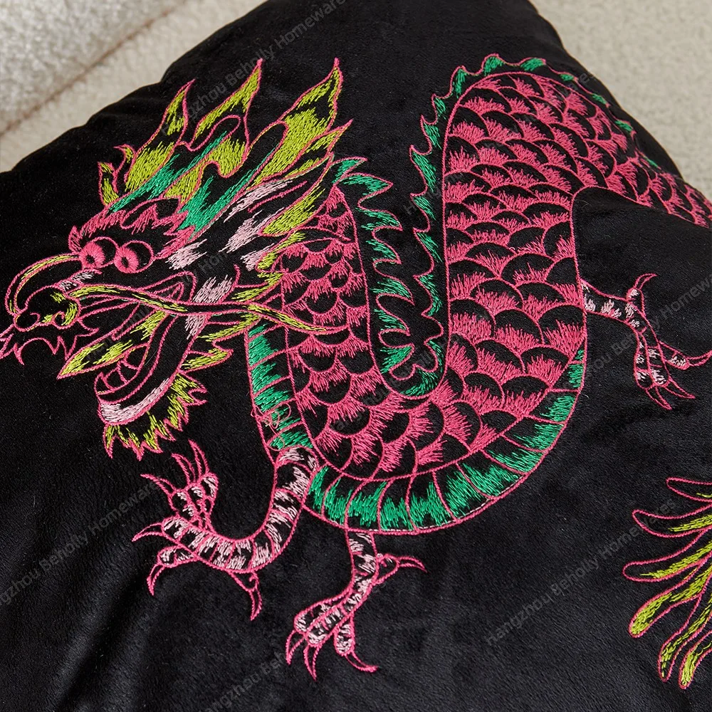 18x18inch Velvet Black Cushion Cover Decorations Embroidery Dragon Throw Pillow Cover