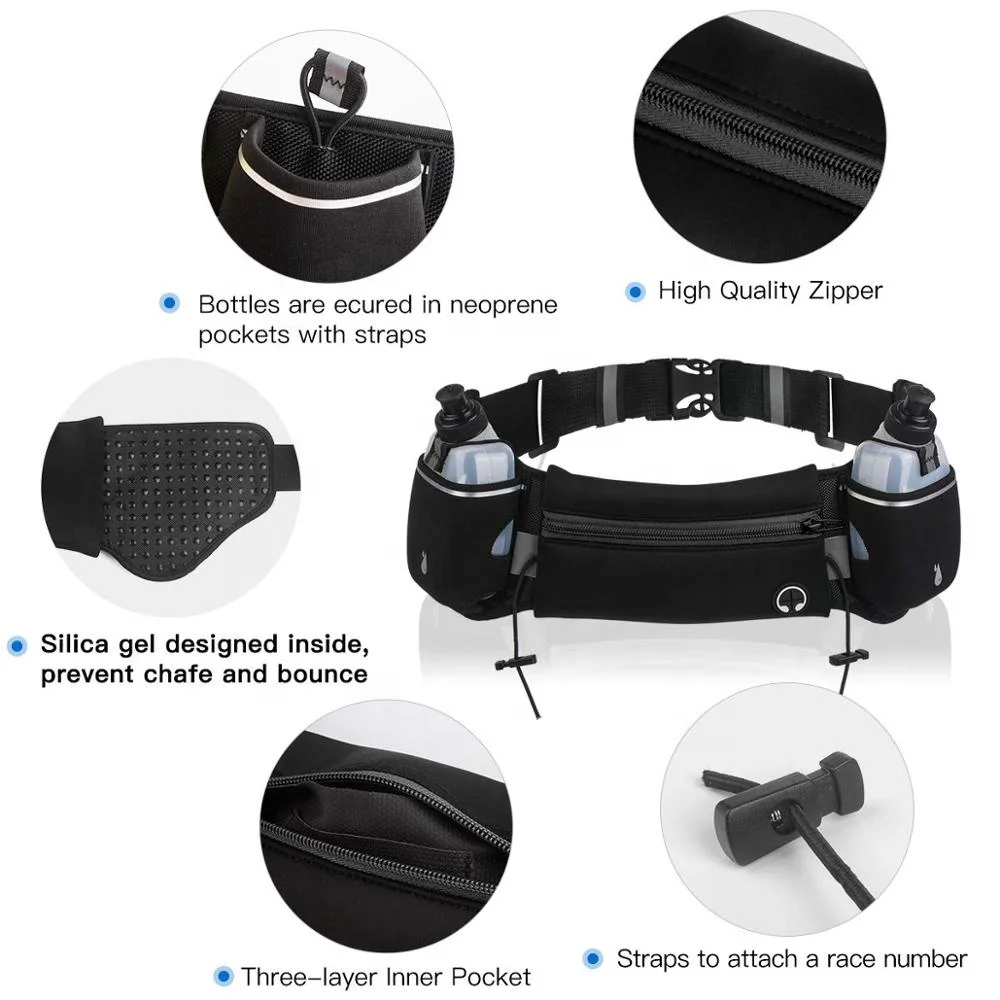 Fashion Runner Fanny Pack Running Belt Neoprene Waterproof Sport Waist Bag With 2pcs Water Bottles
