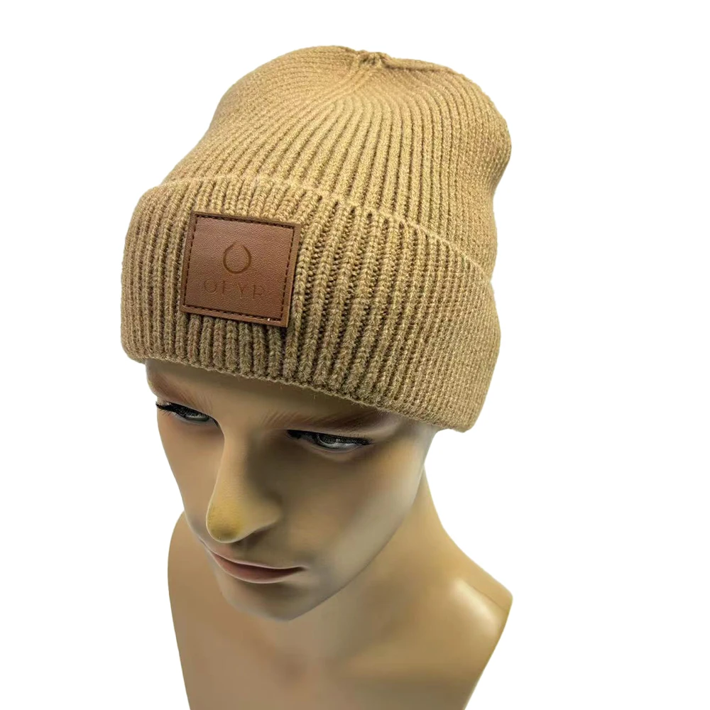 High Quality Winter solid color Beanies Promotional knitted beanie hat custom logo winter hats with leather patch