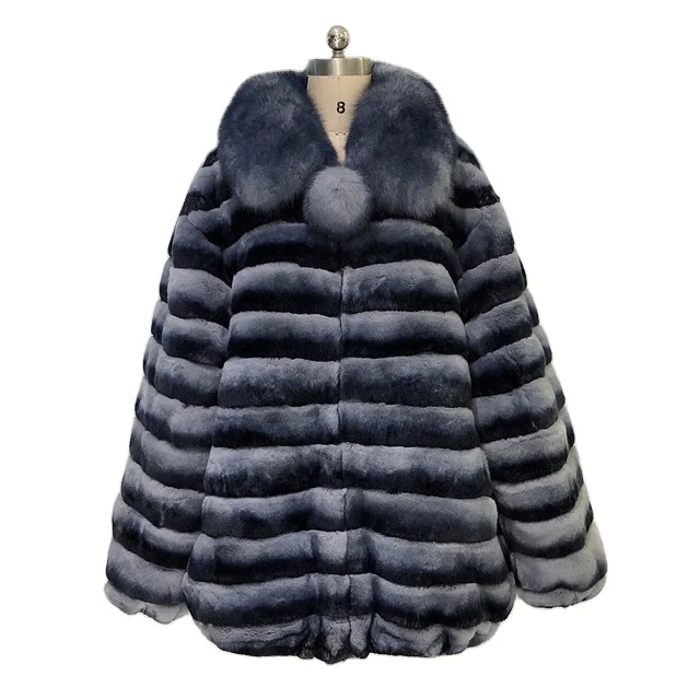 Hot Sale Real Fur Coat Top Quality Dyed Chinchilla Color Real Fox Fur Collar Women Winter Rex Rabbit Plus Size Fur Coat