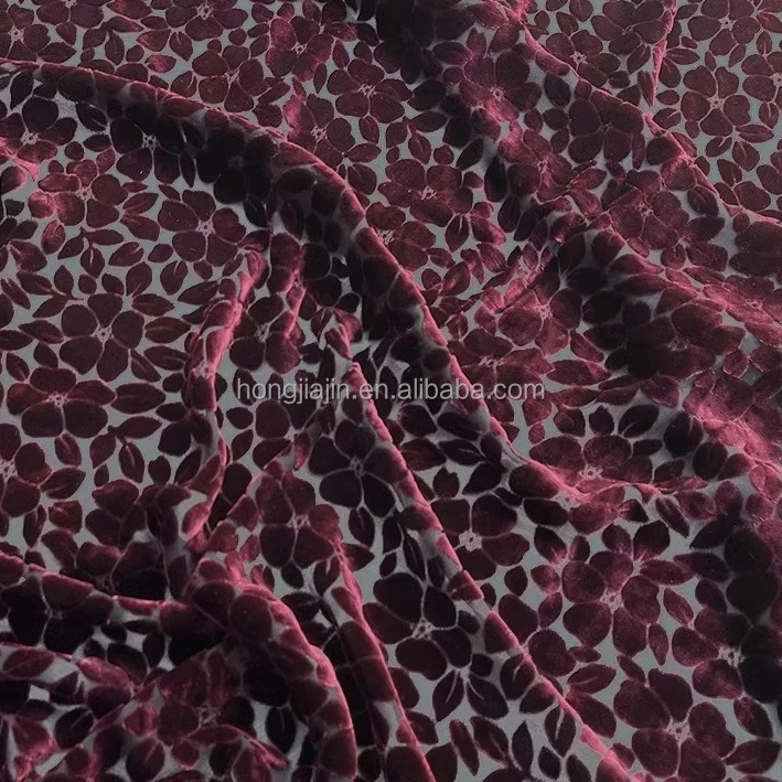 Popular Fashionable Pure silk 10mm background viscose burnt out jacquard floral velvet fabric for Ladies elegant noble clothing