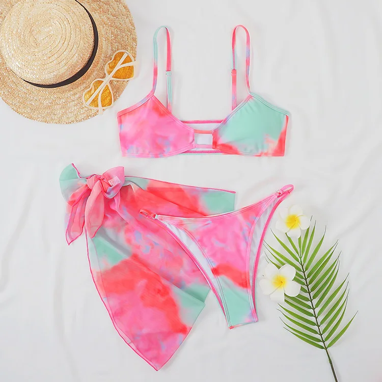 New product Explosion Three piece tie dye printed hollow sexy women bikini swimsuit