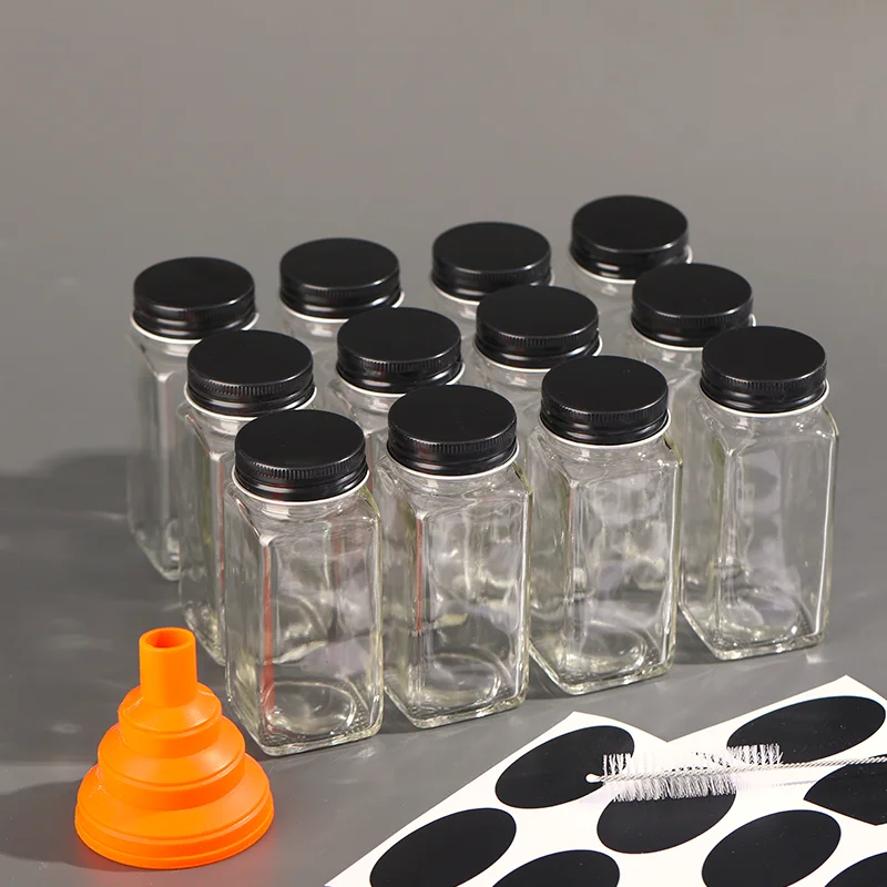 120ml 4oz kitchen empty square clear glass spice jars empty seasoning bottles shaker with metal lids