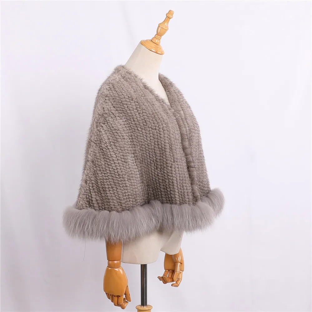Luxury New Genuine Mink Fur Knitted Shawl Wrap Cape with Fox fur Trimming women Lady mink fur coat Jacket Stole Amice Poncho